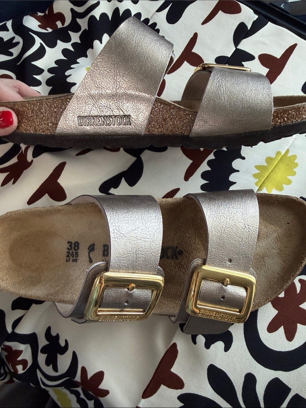 Birkenstock Arizona Metallic Taupe Two-Strap Sandals with Gold Buckles 38